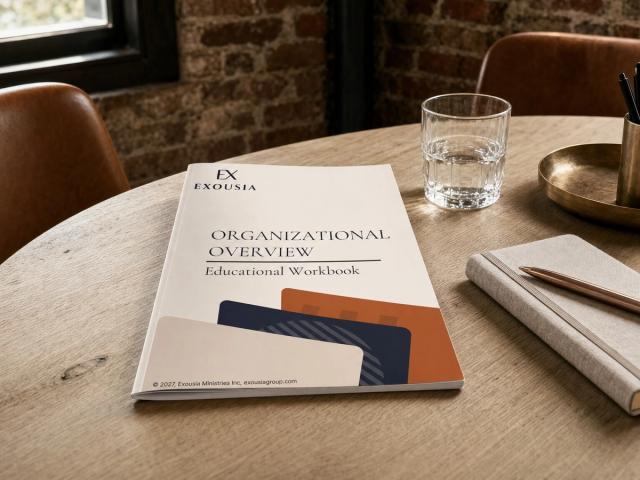 The Organizational Overview workbook on a round oak table in a brick-walled meeting room, beside a glass of water and a closed notebook.