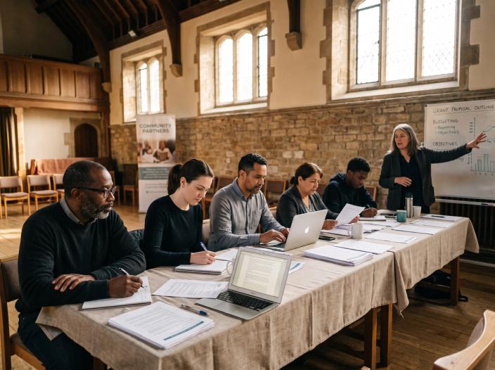 Adults seated along a long table in a church hall during a grant writing workshop, working through printed handouts while an instructor teaches at a whiteboard.