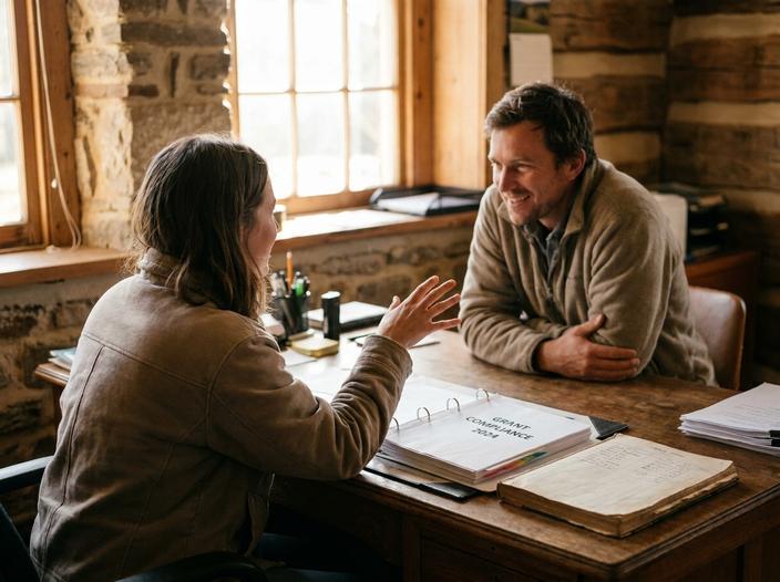 Two nonprofit leaders in warm conversation across a wooden table, one gesturing toward an open binder of grant compliance documents, morning light across stone and timber.