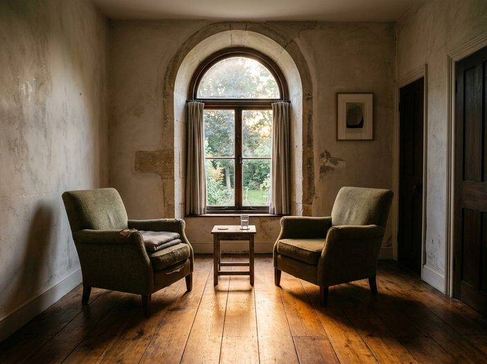 Two empty armchairs angled toward each other beside an arched window in a quiet plastered room at golden hour.