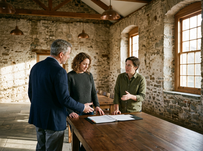 Three nonprofit board members standing around a long timber table in a stone hall, discussing an open binder between them.