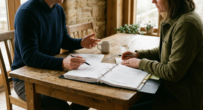 Two colleagues in quiet conversation across a reclaimed wood table, reviewing an open grant compliance binder together, warm morning light across stone and timber.
