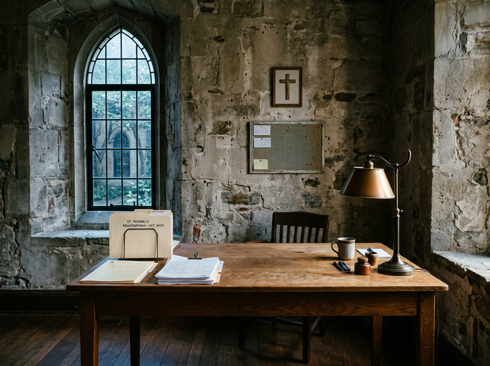 An empty church administrative office, registration paperwork stacked on a wooden desk beneath a tall arched window.