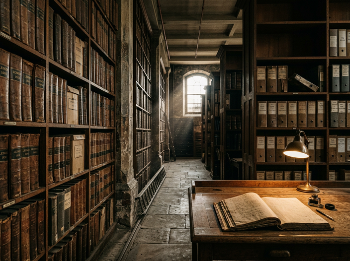 A records archive lined floor to ceiling with worn ledgers, one lying open on a table under a bronze lamp.