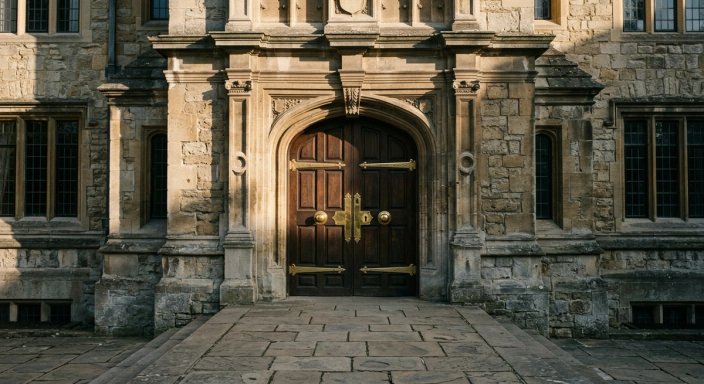 A stone building entrance with brass door hardware catching warm morning light, hairline-sharp shadows across the masonry facade.