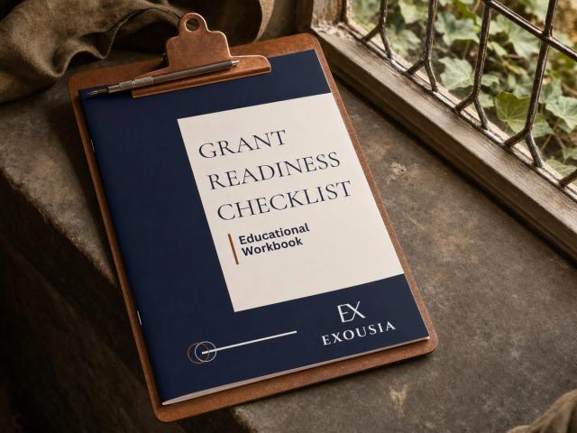 The Grant Readiness Checklist workbook on a copper clipboard resting on a limestone windowsill, ivy beyond the leaded glass.