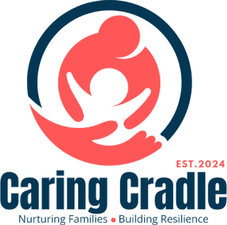 Caring Cradle logo: a parent and child inside a navy ring, cradled by a coral hand