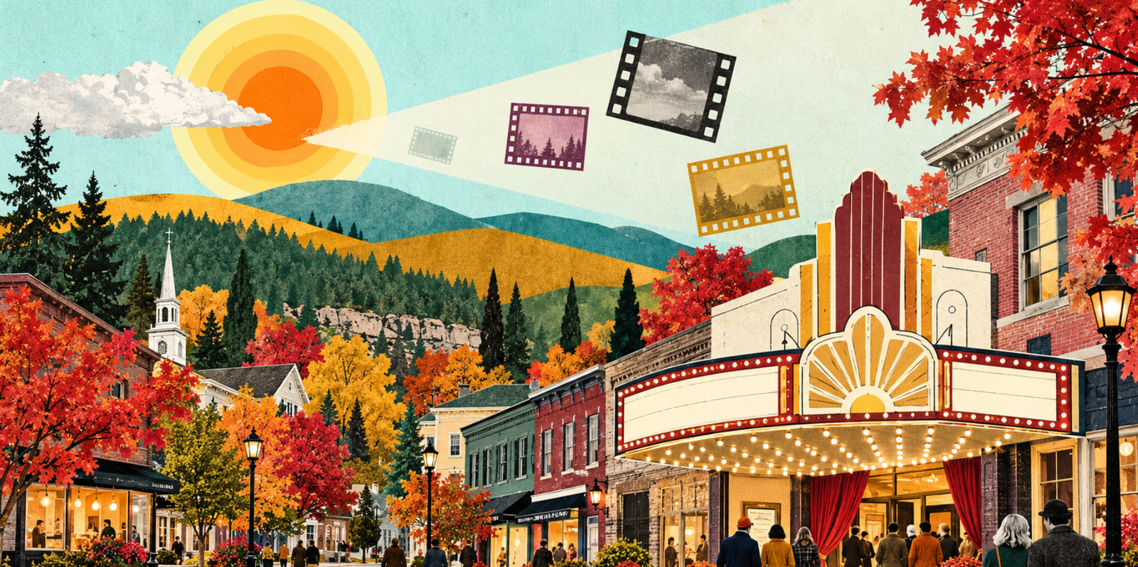Collage illustration of moviegoers entering a cinema on an autumn Catskills street, with film frames floating above the mountains