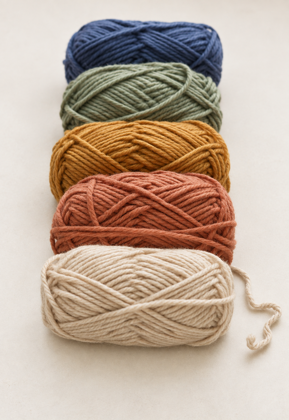 Five skeins of wool in cream, terracotta, ochre, sage and indigo on a pale background.