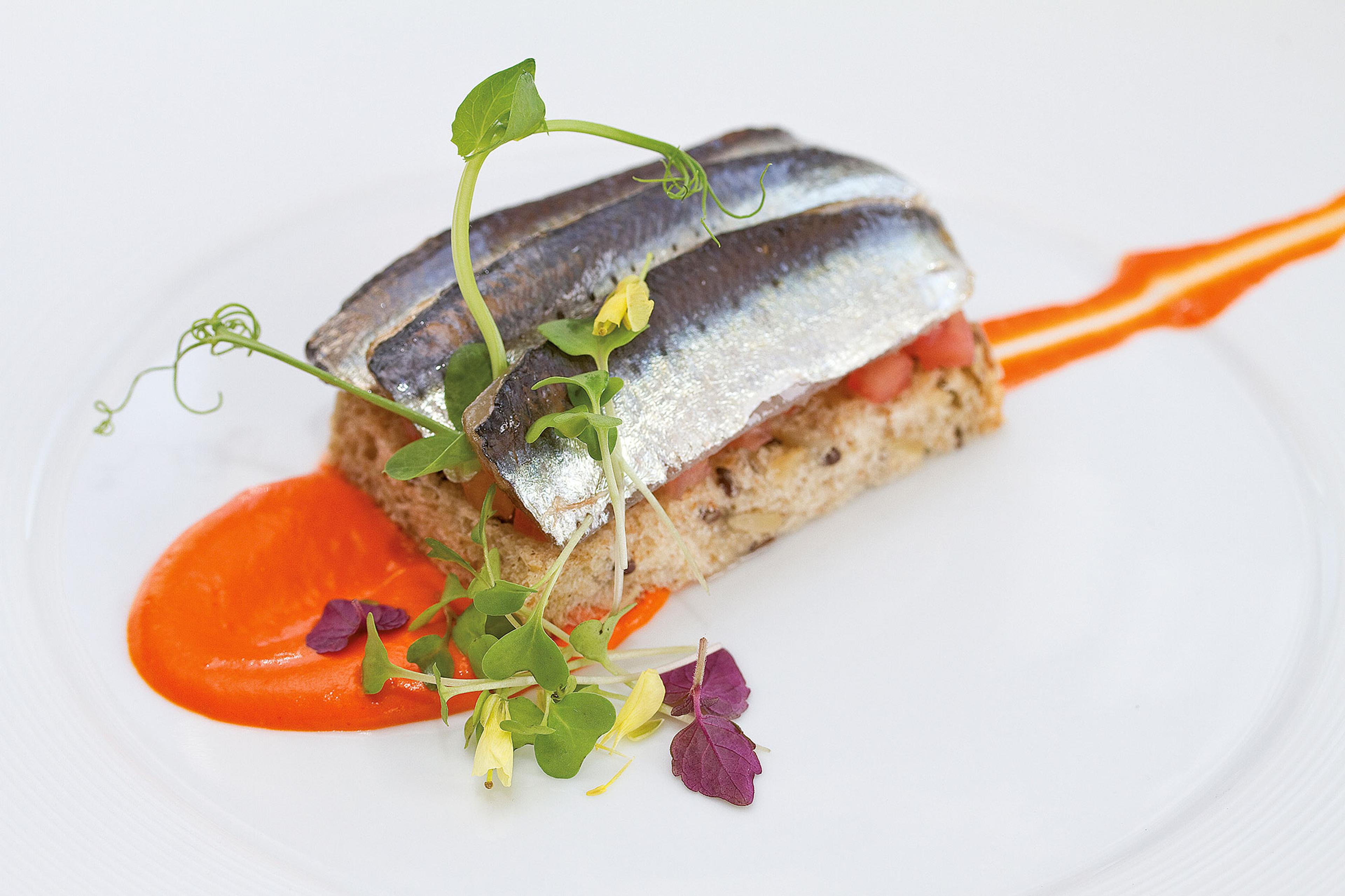 Elegant dish featuring fresh sardines on rustic bread with tomato, microgreens, and a vibrant red pepper sauce garnish on a white plate.