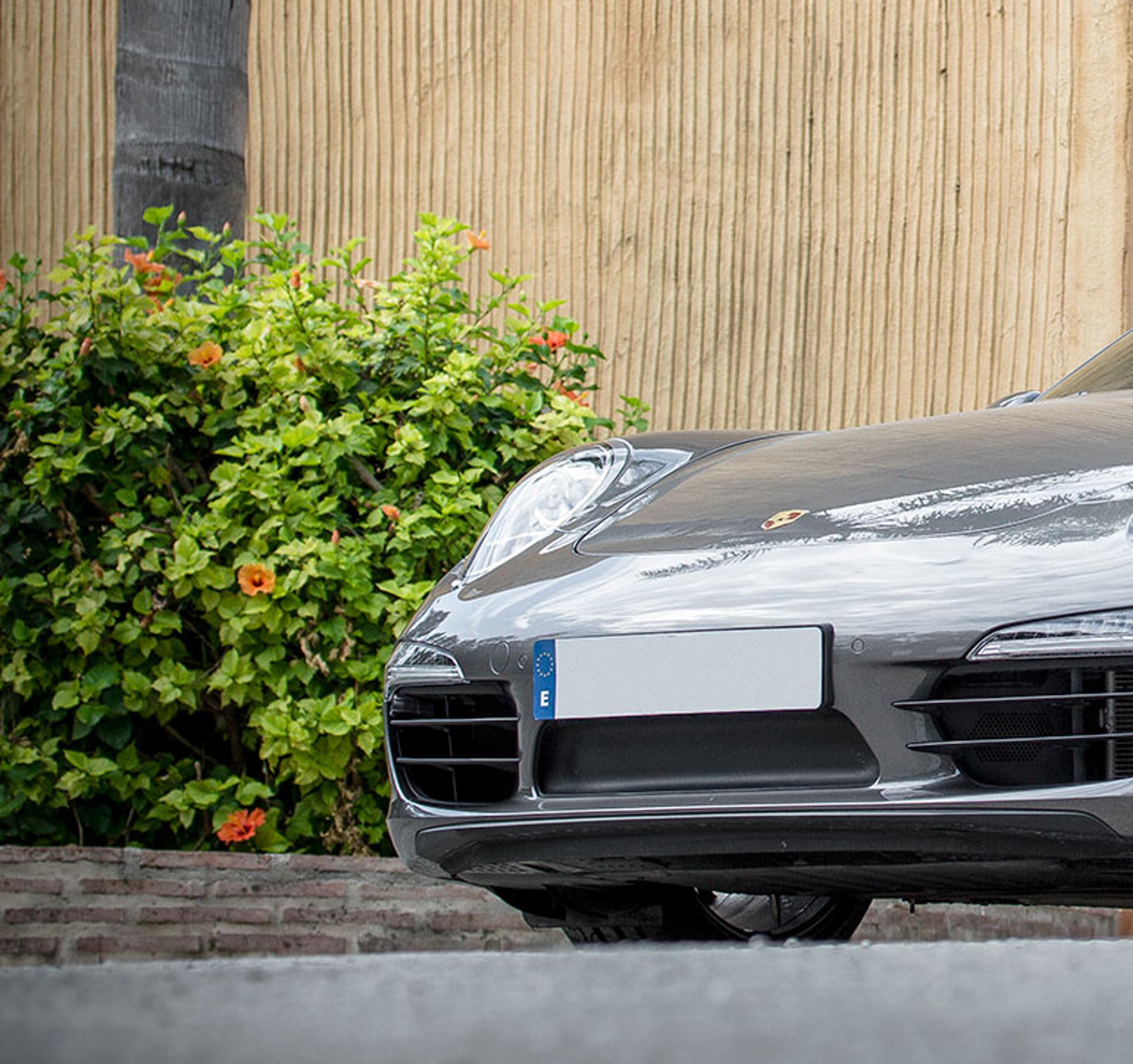 Luxury gray sports car parked against a rustic textured wall, surrounded by tropical greenery and a modern minimalist backdrop.