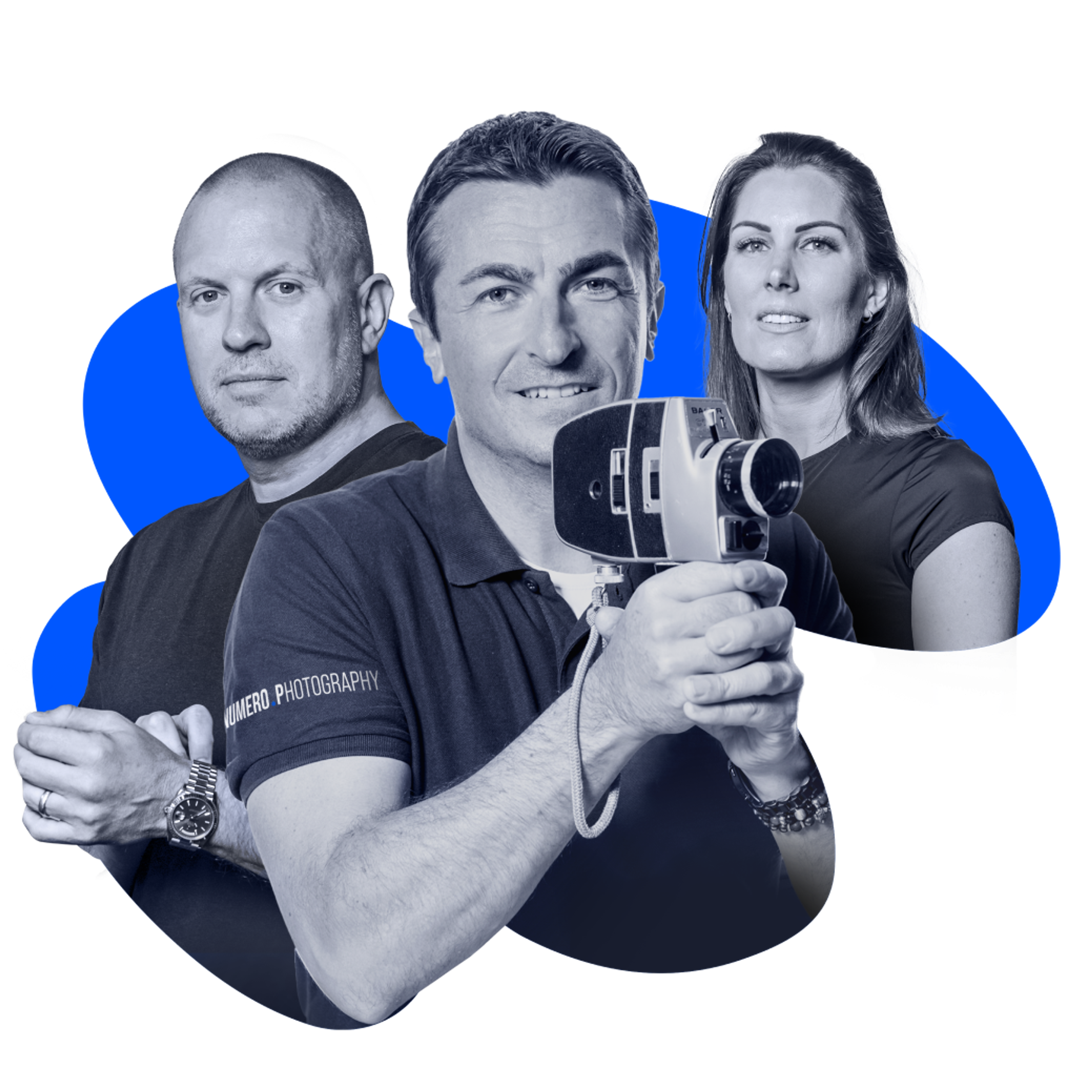 Professional team portrait featuring three individuals, with one holding a vintage camera, set against a modern blue abstract background.