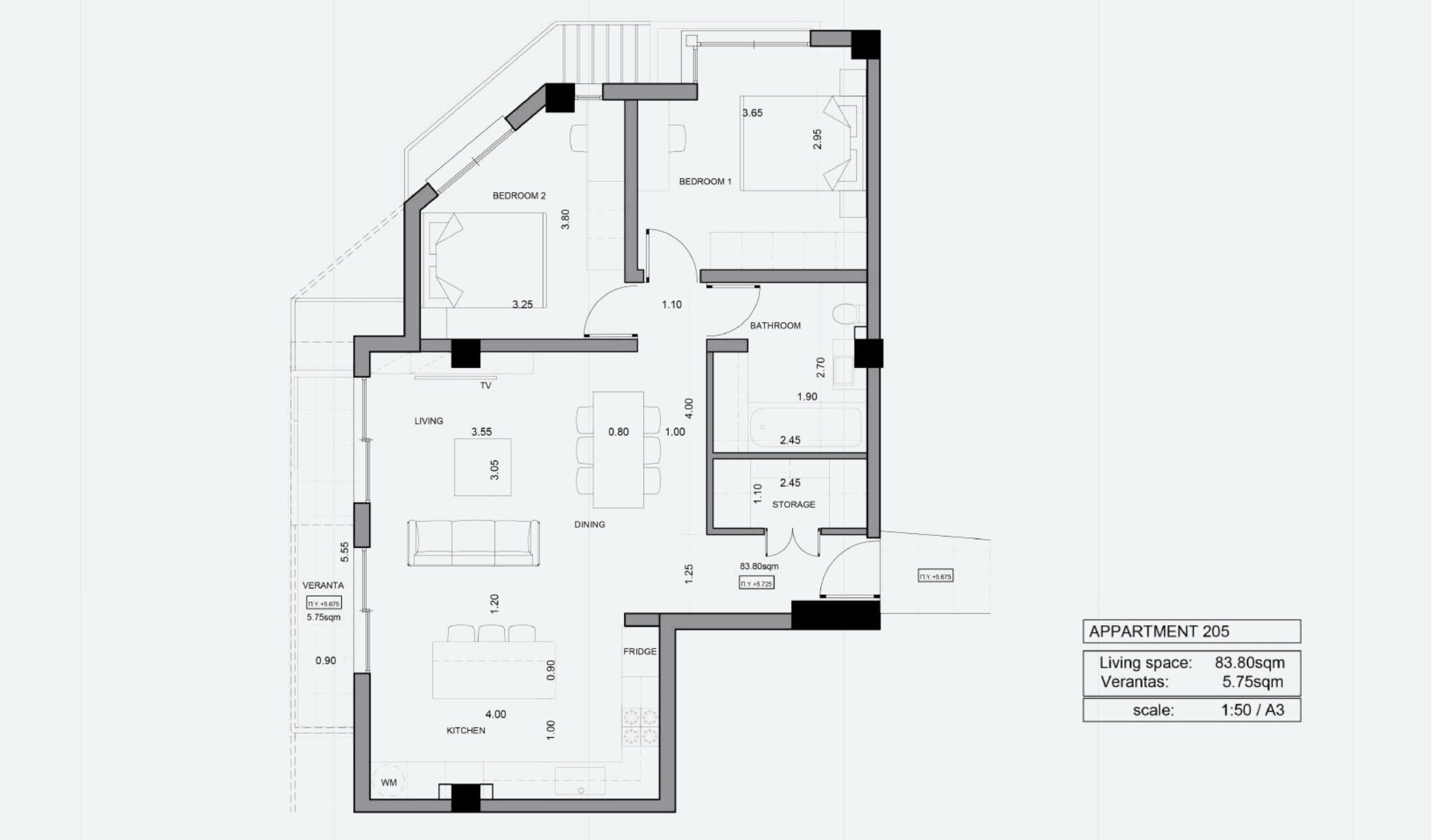 דירת 2 חדרי שינה מס׳ 205 ב-ITHAKA Homes, פילה, לרנקה — תוכנית דירה