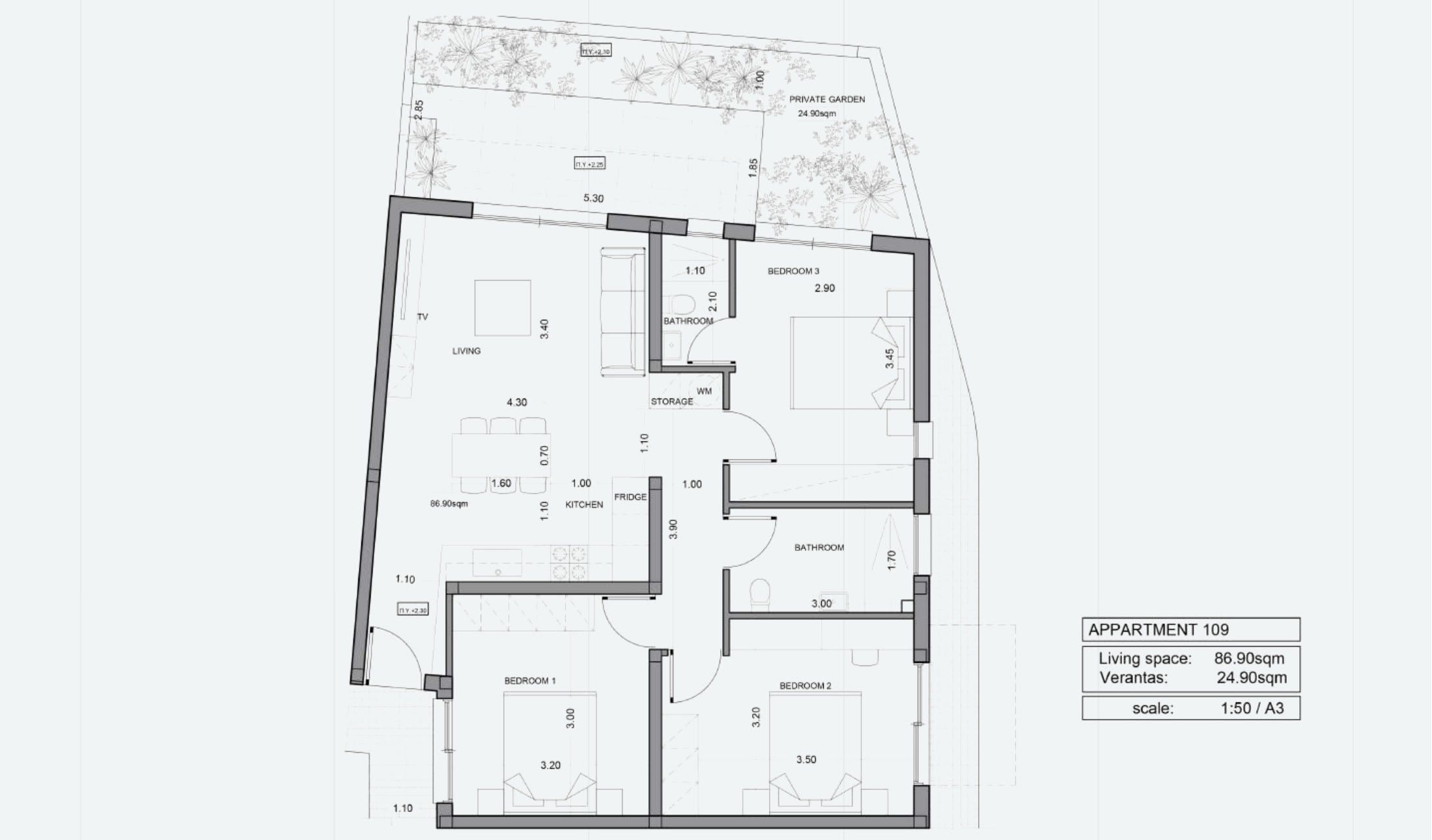 דירת 3 חדרי שינה מס׳ 109 ב-ITHAKA Homes, פילה, לרנקה — תוכנית דירה