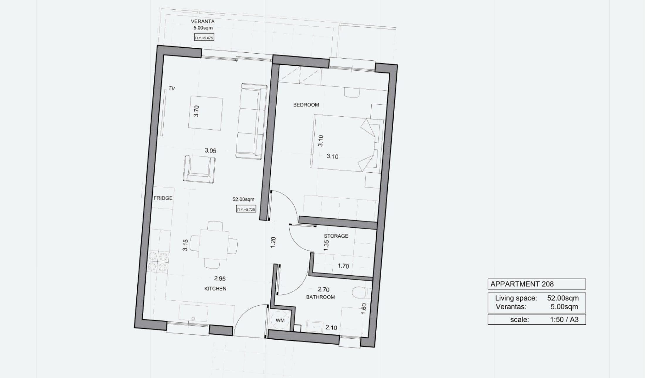 דירת חדר שינה אחד מס׳ 208 ב-ITHAKA Homes, פילה, לרנקה — תוכנית דירה