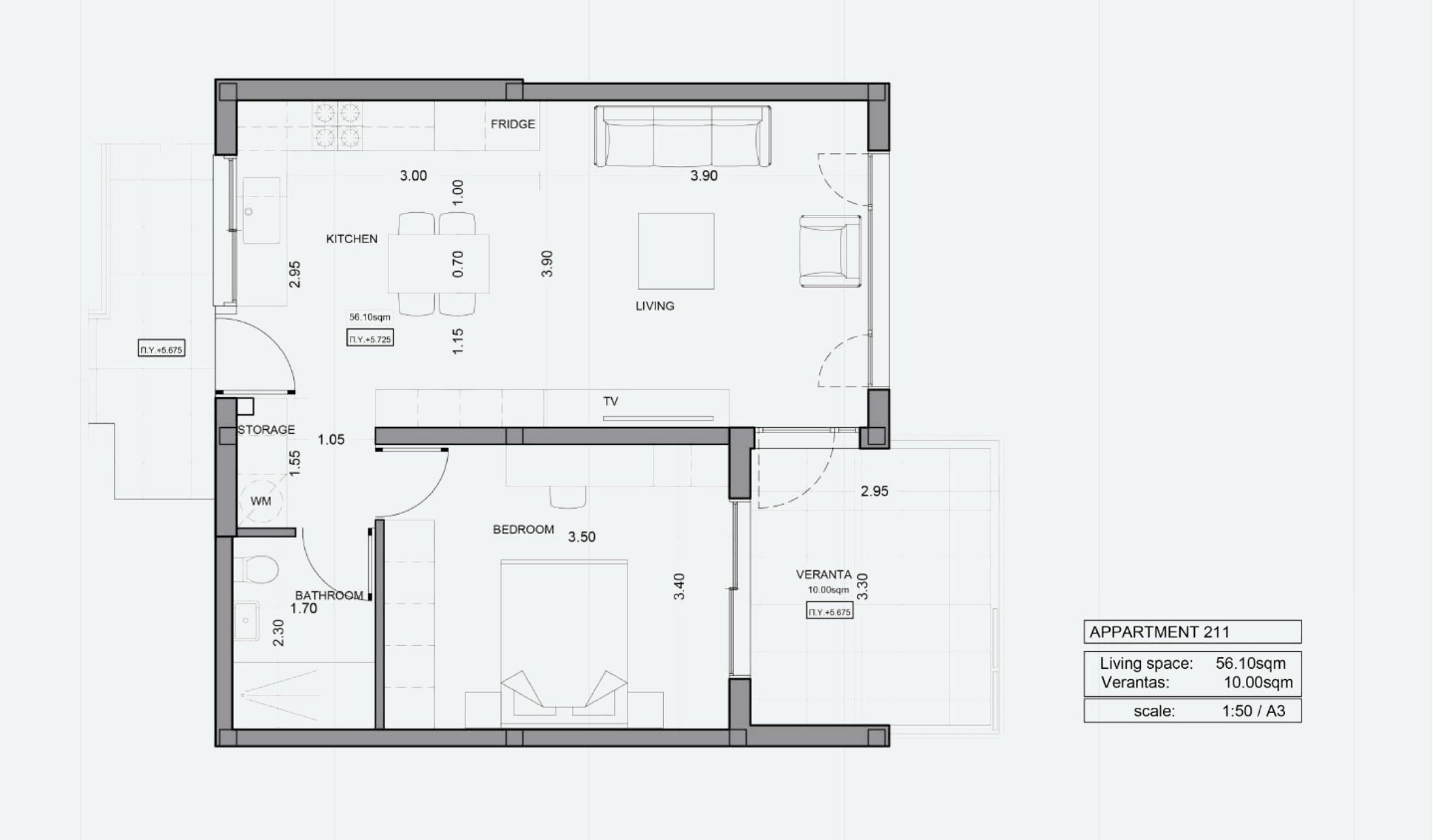 דירת חדר שינה אחד מס׳ 211 ב-ITHAKA Homes, פילה, לרנקה — תוכנית דירה