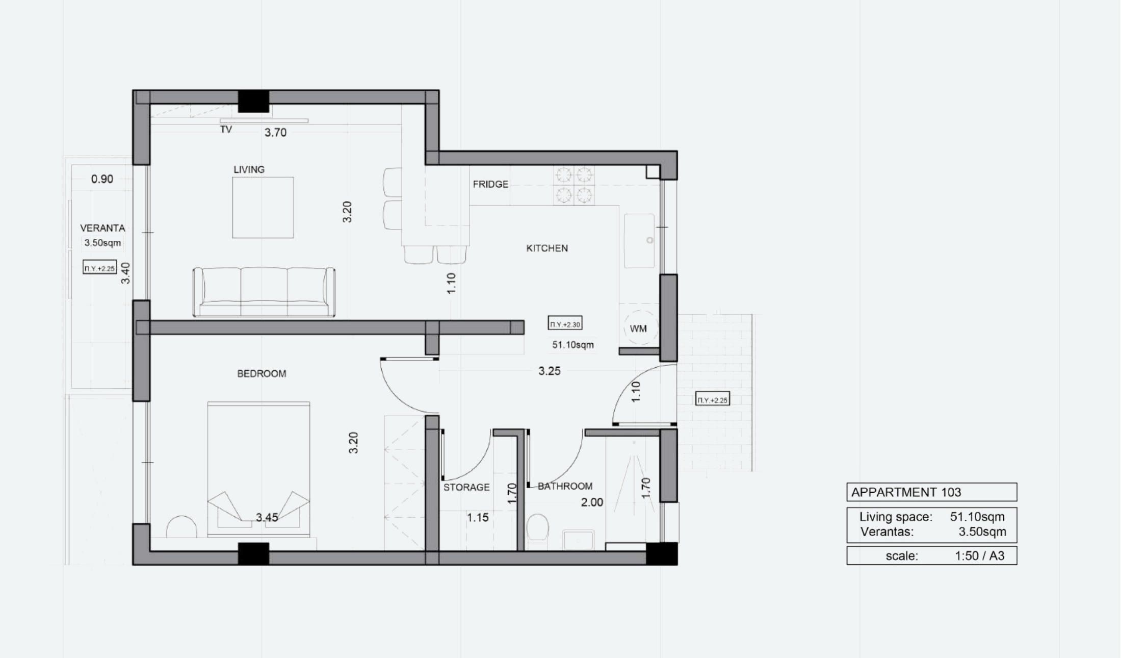 דירת חדר שינה אחד מס׳ 103 ב-ITHAKA Homes, פילה, לרנקה — תוכנית דירה