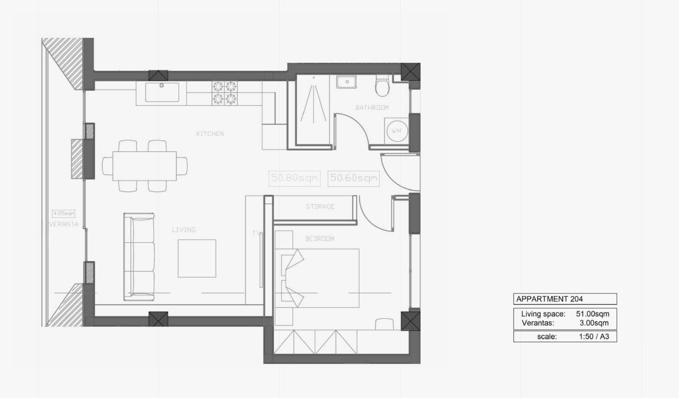 דירת חדר שינה אחד מס׳ 204 ב-ITHAKA Homes, פילה, לרנקה — תוכנית דירה