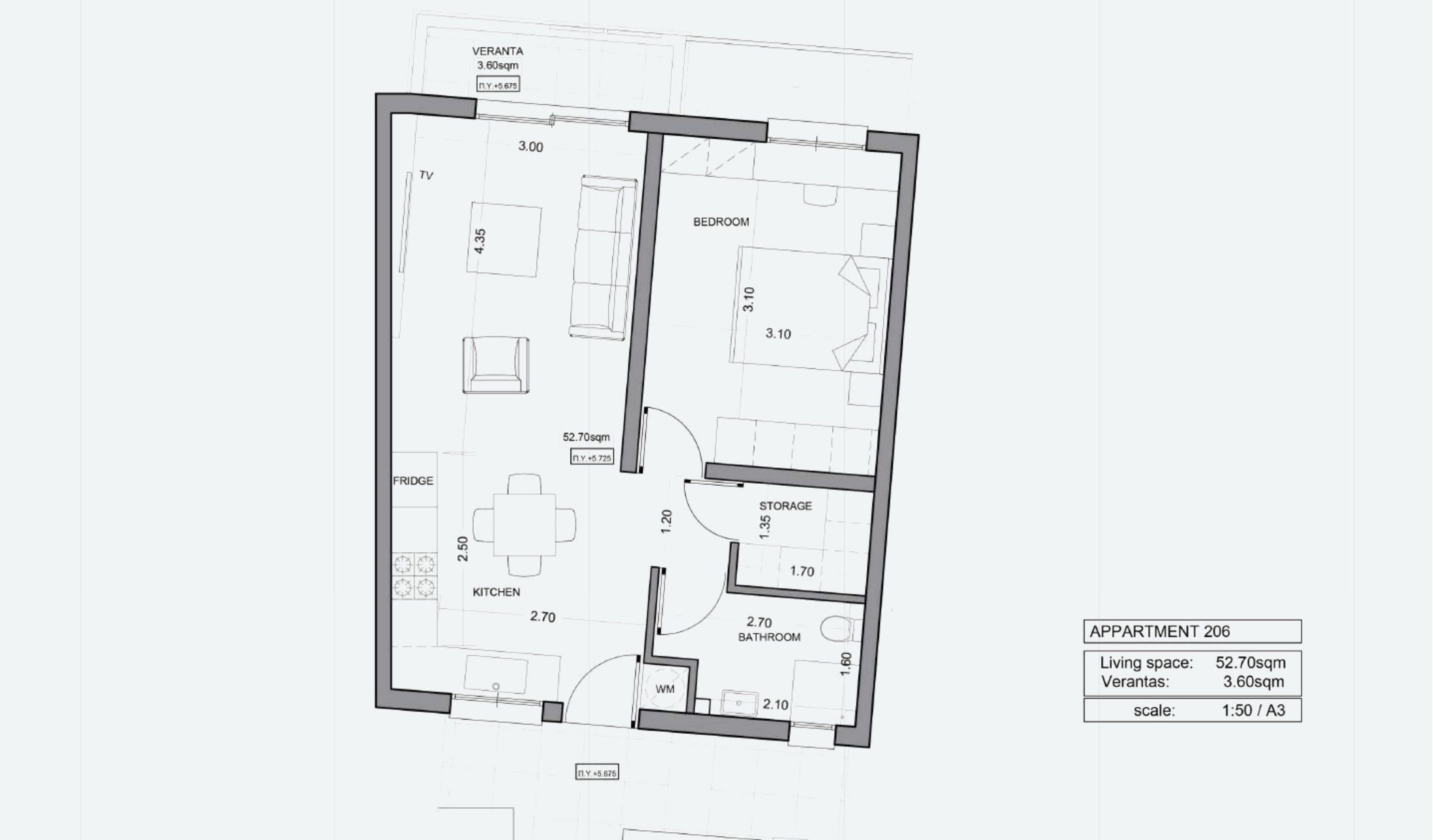 דירת חדר שינה אחד מס׳ 206 ב-ITHAKA Homes, פילה, לרנקה — תוכנית דירה