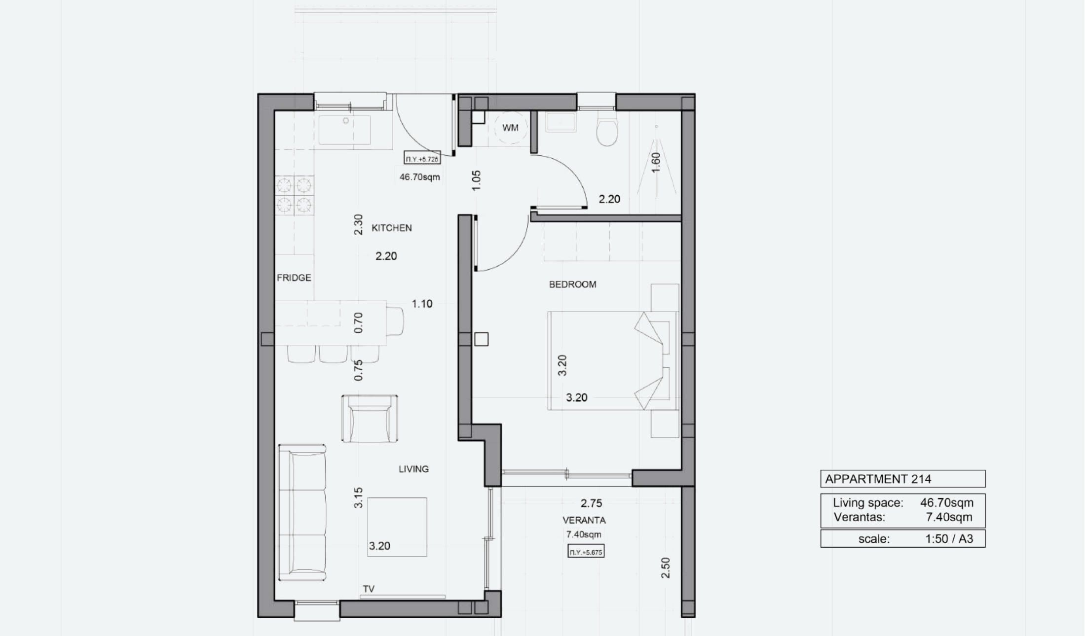 דירת חדר שינה אחד מס׳ 214 ב-ITHAKA Homes, פילה, לרנקה — תוכנית דירה