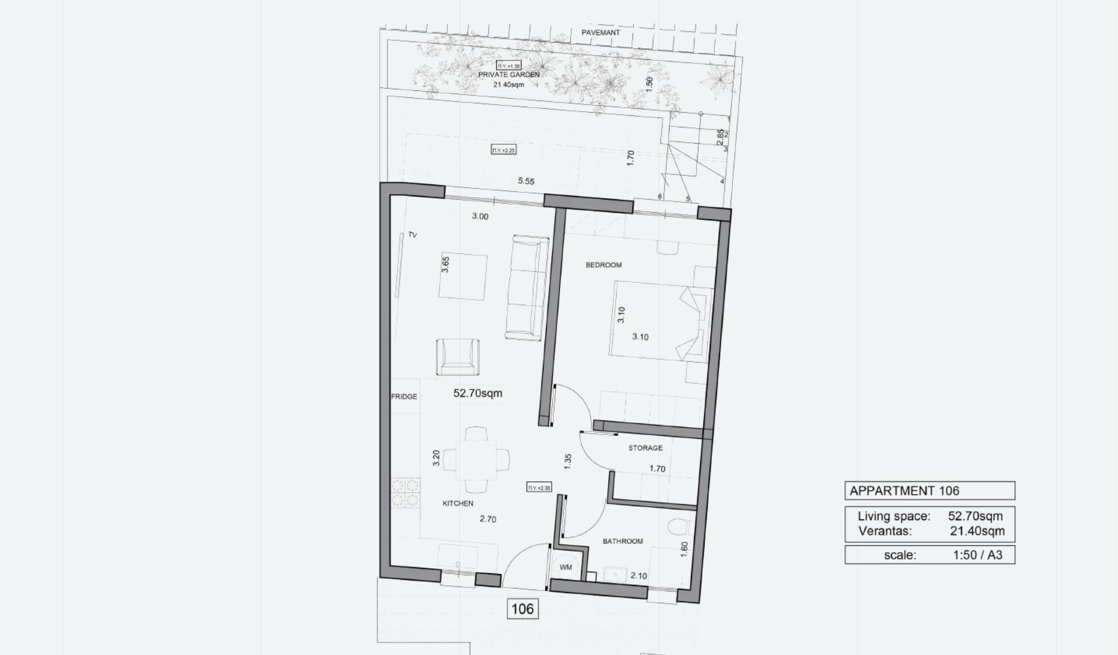 1-bedroom apartment No. 106 in ITHAKA Homes, Pyla, Larnaca — floor plan