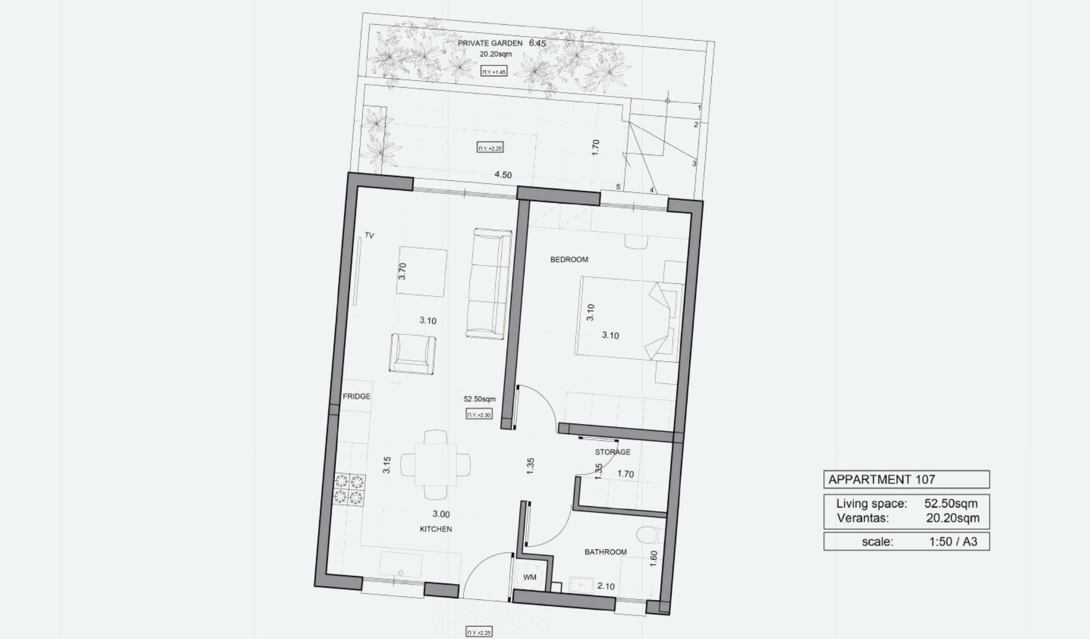 דירת חדר שינה אחד מס׳ 107 ב-ITHAKA Homes, פילה, לרנקה — תוכנית דירה