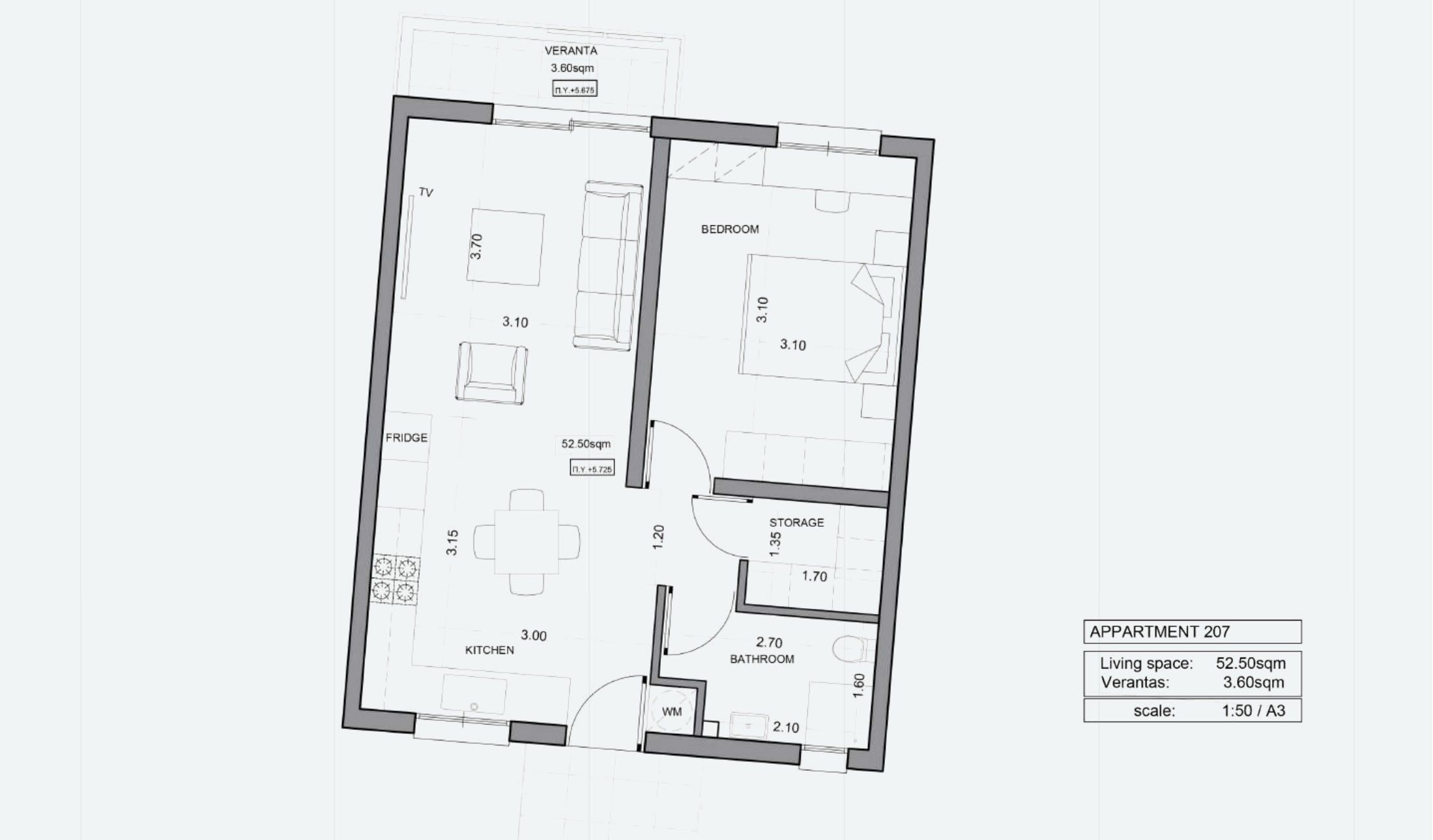 דירת חדר שינה אחד מס׳ 207 ב-ITHAKA Homes, פילה, לרנקה — תוכנית דירה