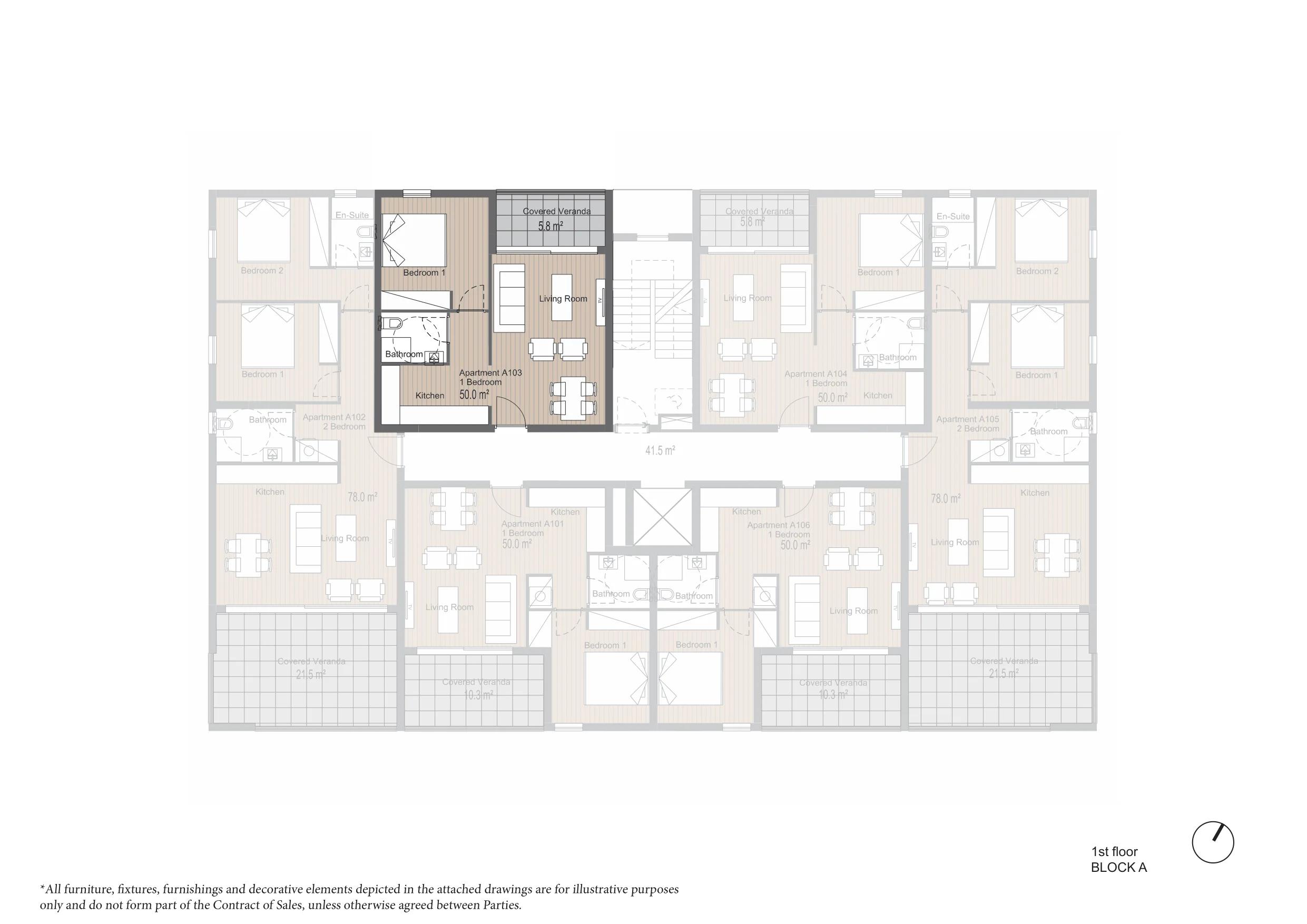 1-bedroom apartment No. A103 in ARYA, Germasogeia, Limassol — floor plan