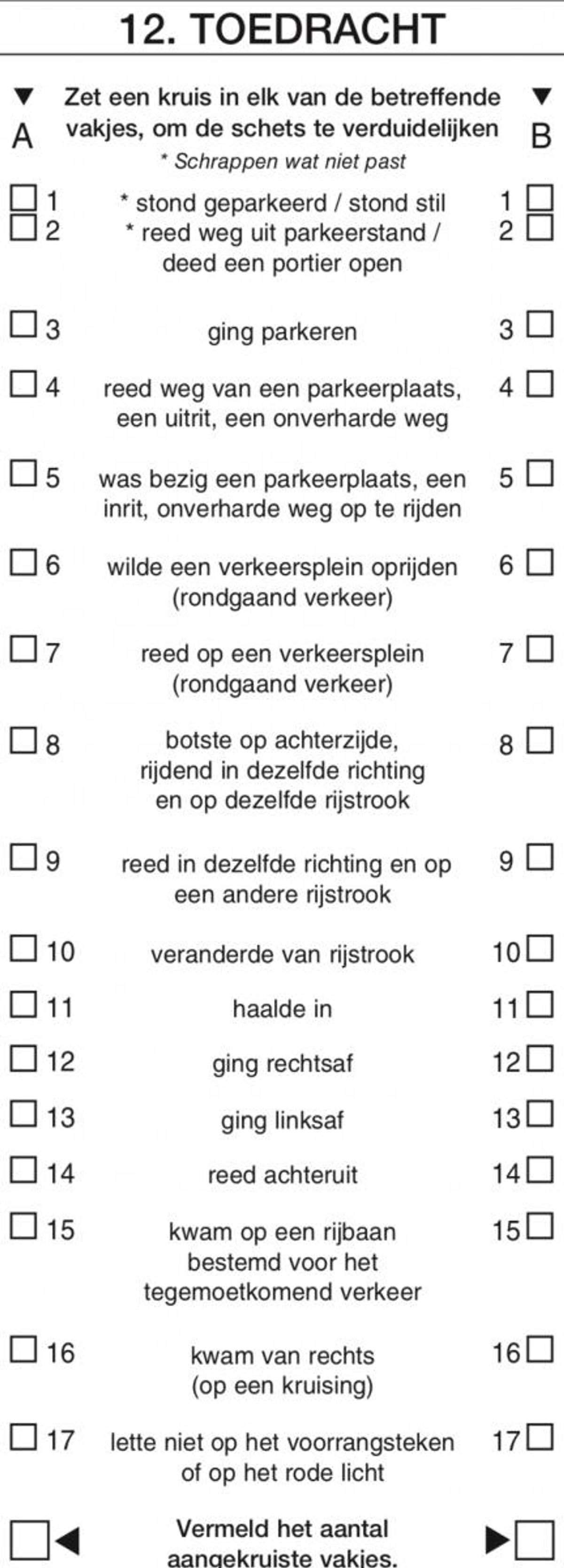 kruisjes op het aanrijdingformulier aangifte botsing aanrijding