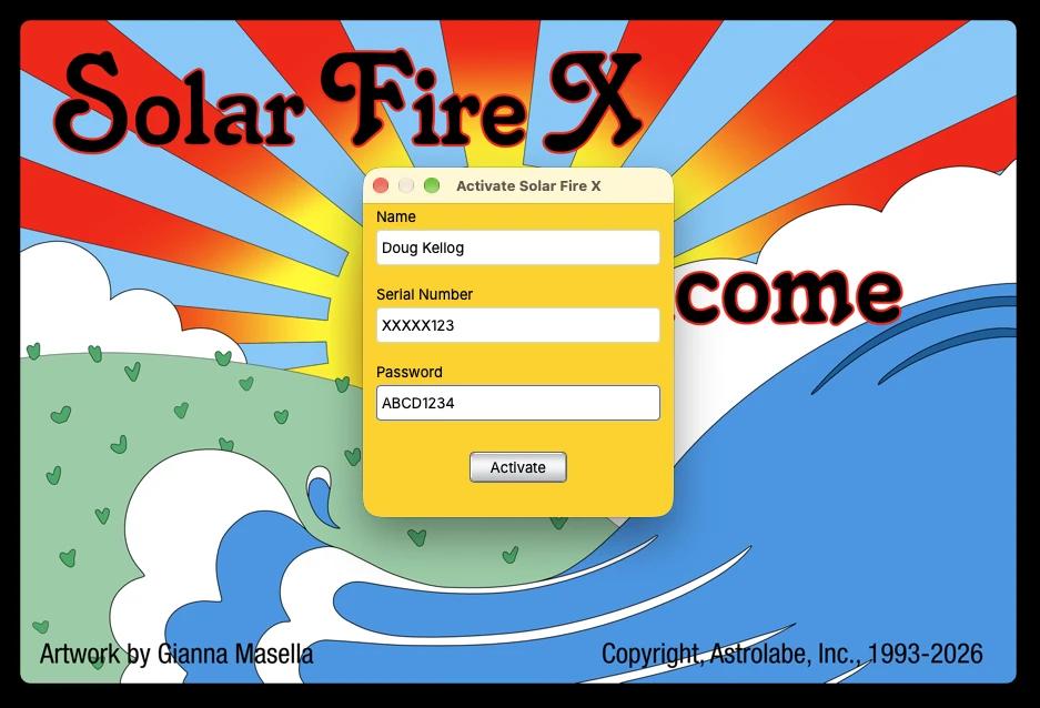 Solar Fire X activation window with demonstration registration details.