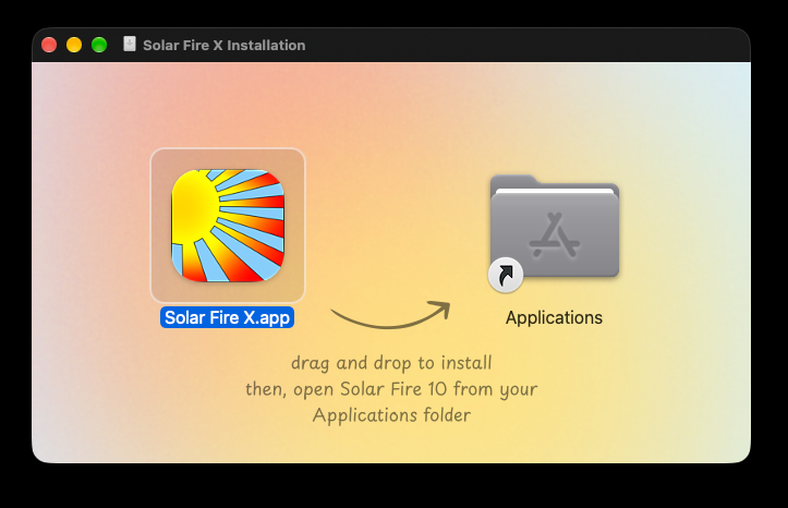Solar Fire X Mac installation window: drag Solar Fire X.app into Applications.