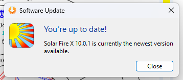 Solar Fire X updater reporting that version 10.0.1 is up to date.