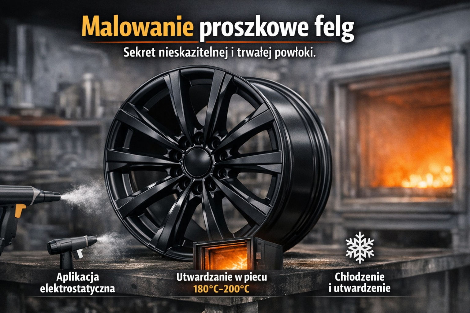 Czarna satynowa felga aluminiowa świeżo po malowaniu proszkowym i utwardzeniu w piecu lakierniczym.