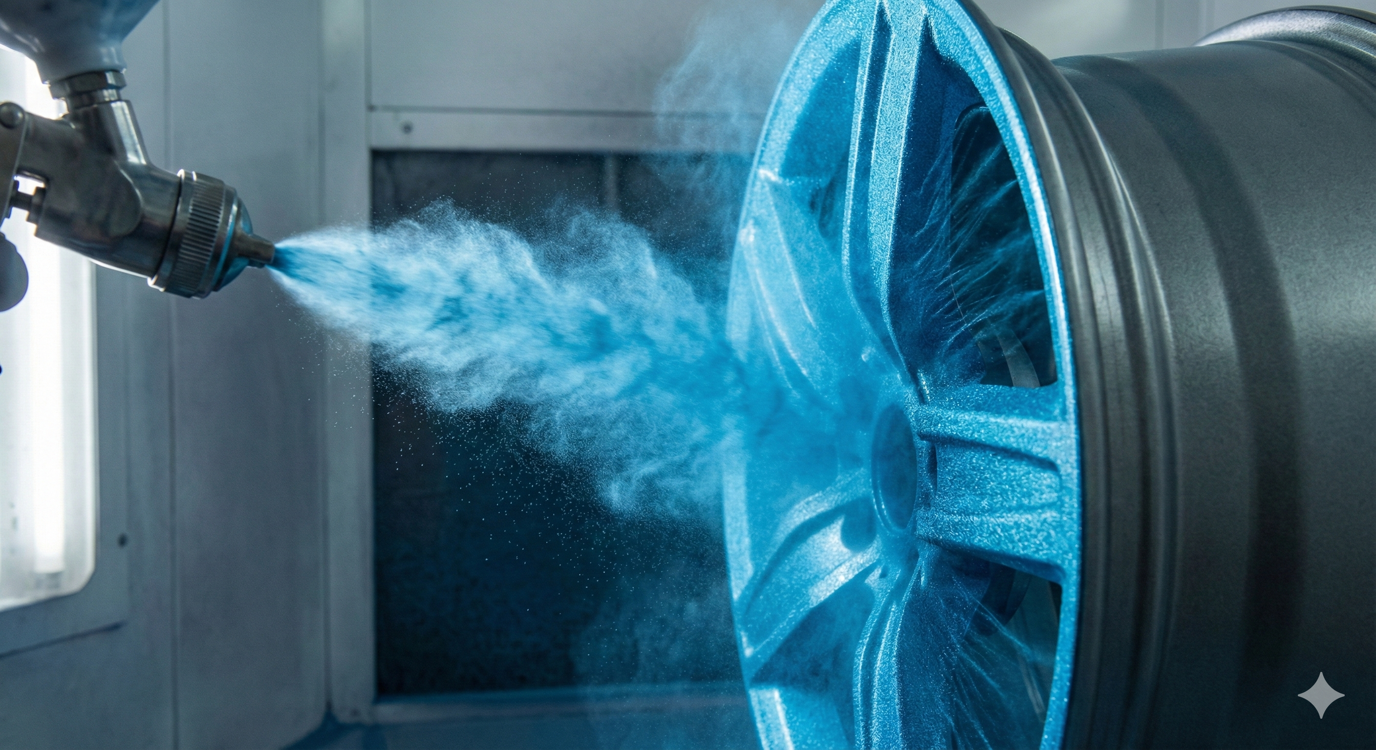 Zbliżenie makro na proces malowania proszkowego felgi. Dysza pistoletu rozpyla chmurę metalicznej, niebieskiej farby, która elektrostatycznie osiada na powierzchni koła w profesjonalnej lakierni.