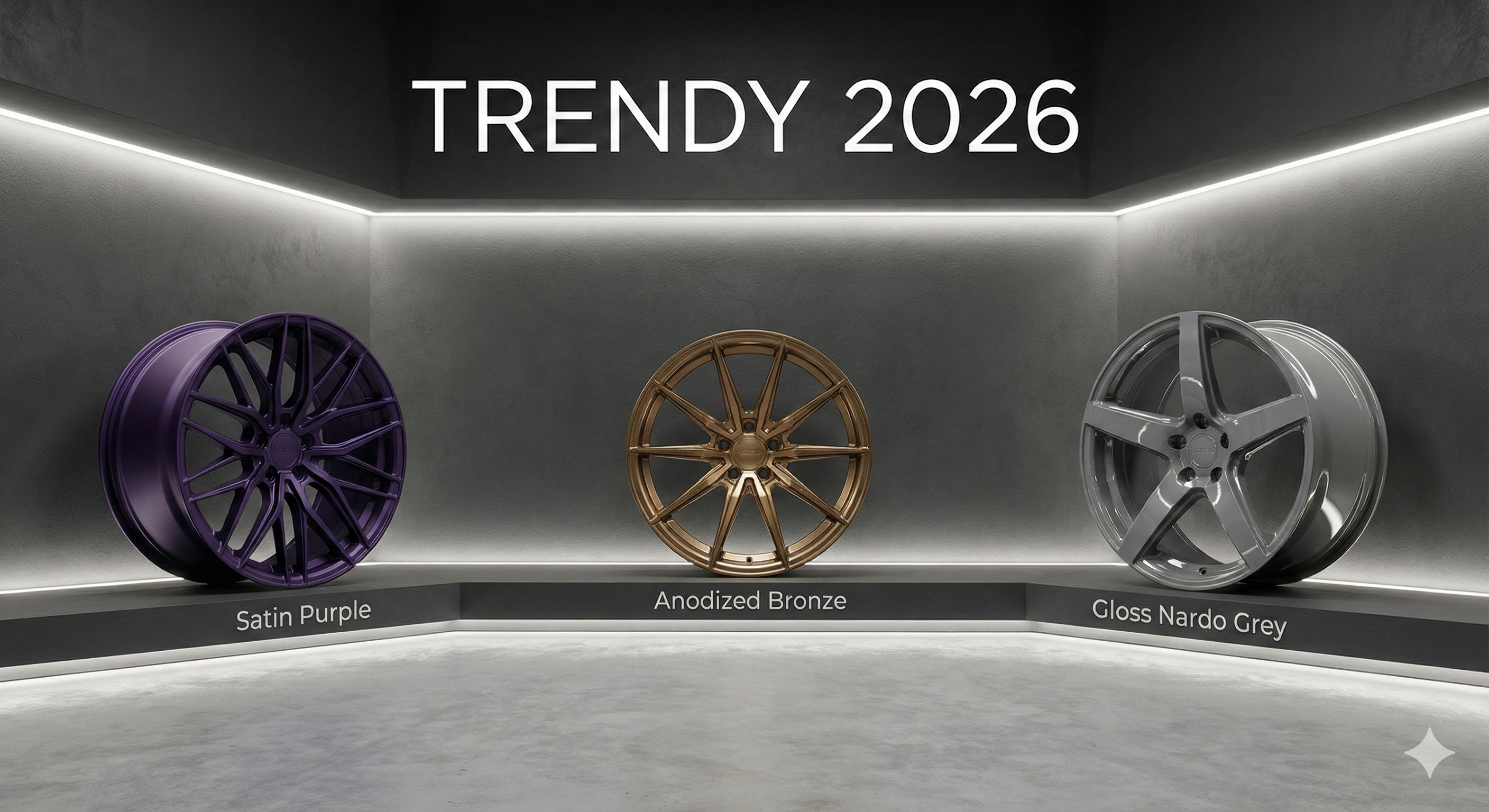 Trzy nowoczesne felgi aluminiowe wyeksponowane na podświetlanym podeście w minimalistycznym, futurystycznym salonie. Od lewej: felga w kolorze satynowego fioletu, pośrodku felga w kolorze anodowanego brązu, a po prawej felga w błyszczącym odcieniu Nardo Grey. Miękkie oświetlenie podkreśla różnice w fakturze wykończenia. Nad nimi duży biały napis "TRENDY 2026".