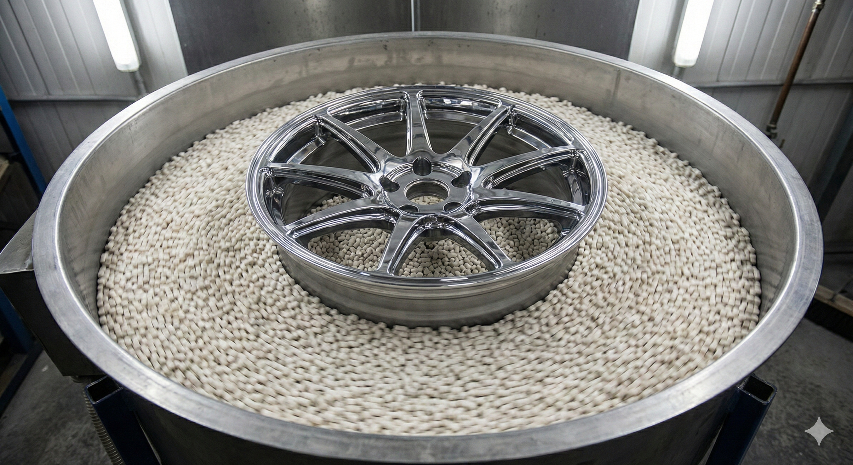 Widok z góry na felgę samochodową w maszynie do polerowania wibracyjnego. Felga jest częściowo zanurzona w białych kształtkach ceramicznych, a jej wypolerowana powierzchnia lśni lustrzanym blaskiem. Rozmycie kształtek wskazuje na aktywną pracę maszyny.