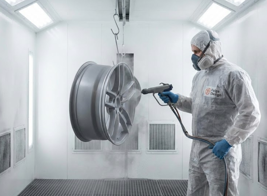 Pracownik Felga Design aplikujący podkład proszkowy na felgę w profesjonalnej kabinie.