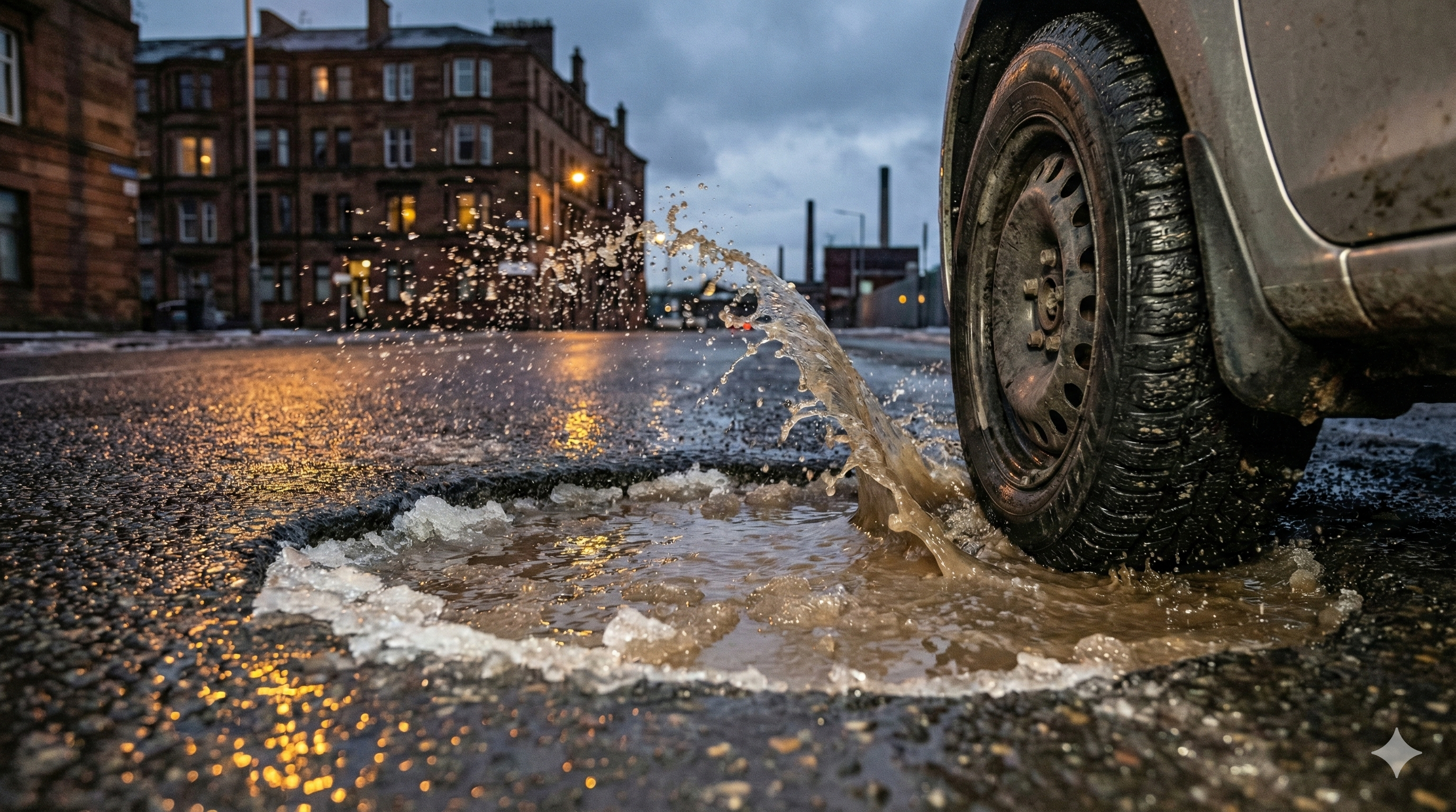 Zbliżenie na oponę samochodu wjeżdżającą w głęboką dziurę z błotem pośniegowym na tle śląskiej architektury w zimowy wieczór.
