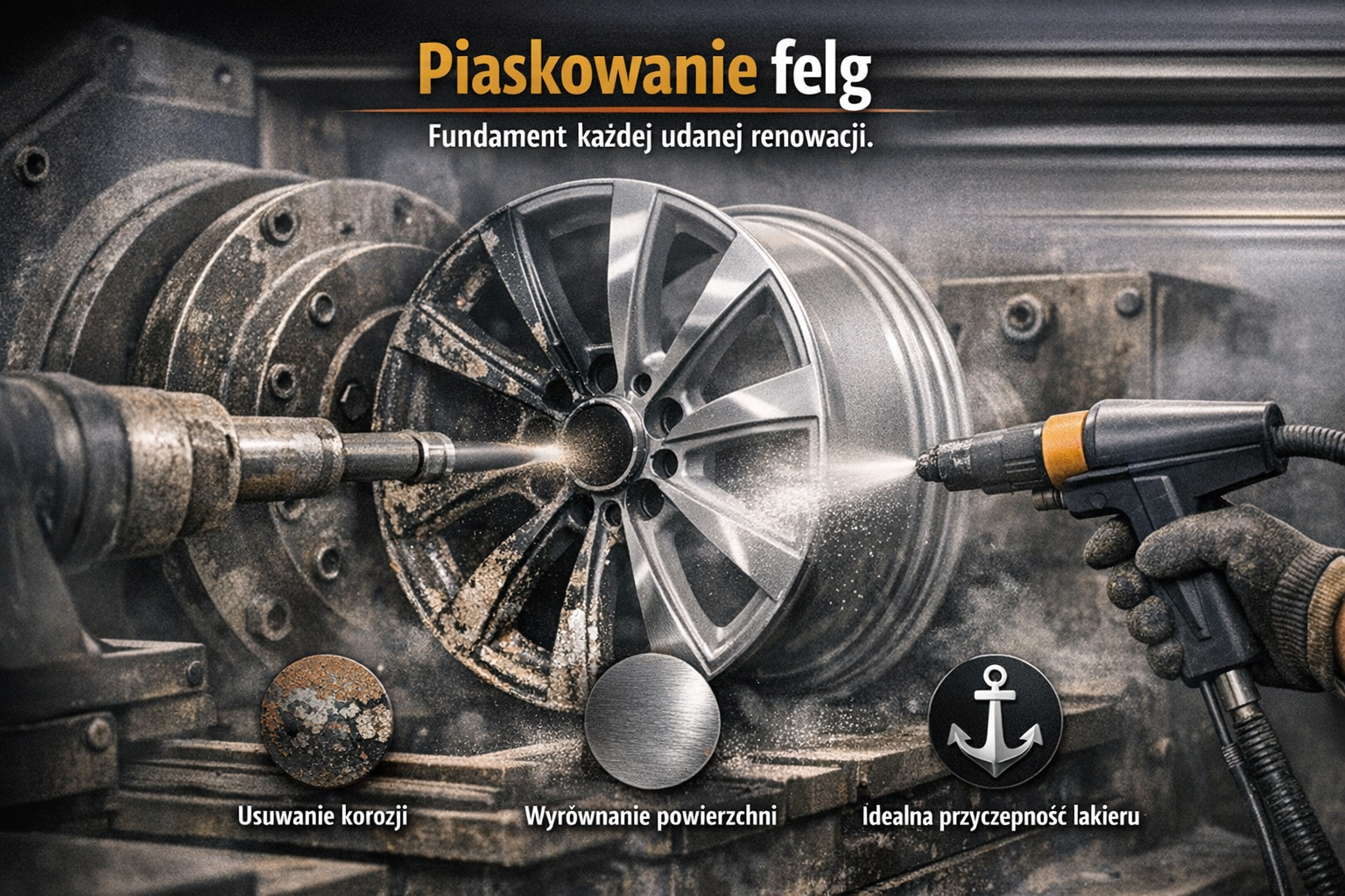 Proces piaskowania elementu aluminiowego pod wysokim ciśnieniem w celu usunięcia starej farby i ognisk korozji.