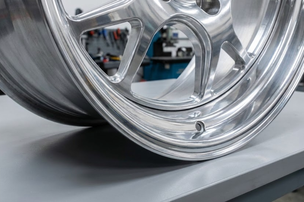 Błyszczący, wypolerowany wibracyjnie rant aluminiowej felgi samochodowej.