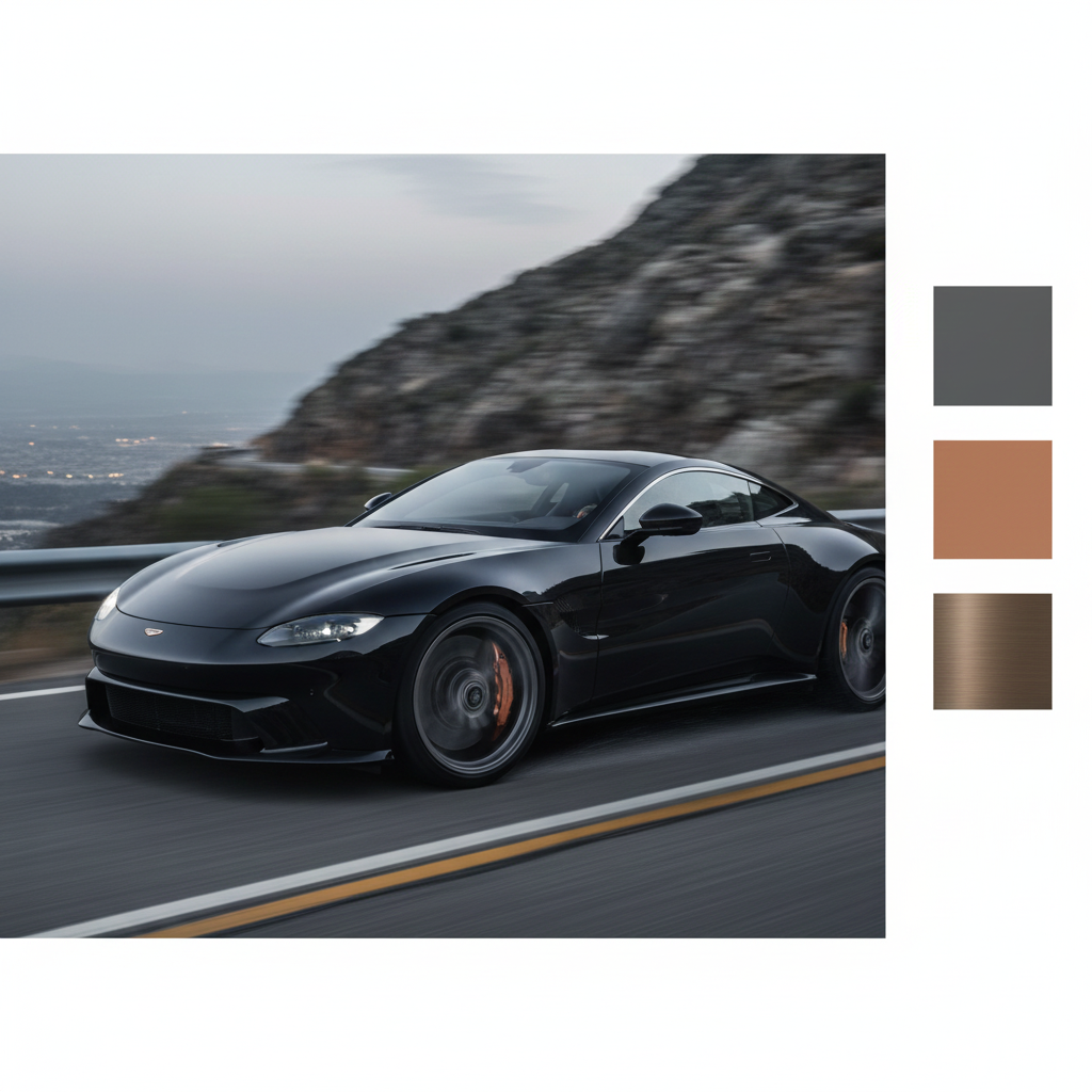 Nowoczesny samochód sportowy z felgami w kolorze matowego grafitu. Dynamiczne, ale eleganckie ujęcie. Obok próbniki kolorów: grafit, miedź, brąz.