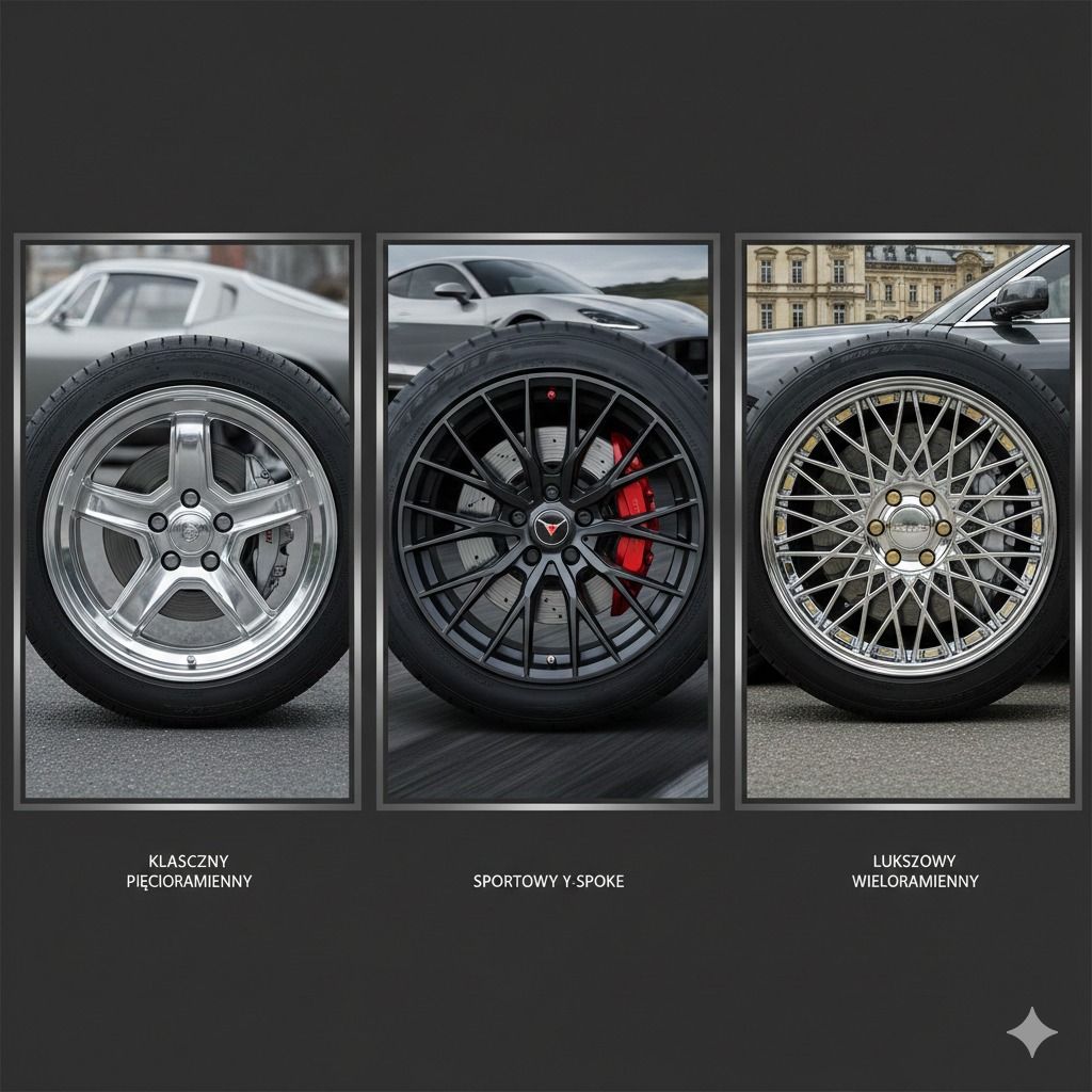 Kolaż lub zestawienie trzech różnych wzorów felg: klasycznego pięcioramiennego, sportowego Y-spoke i luksusowego wieloramiennego.