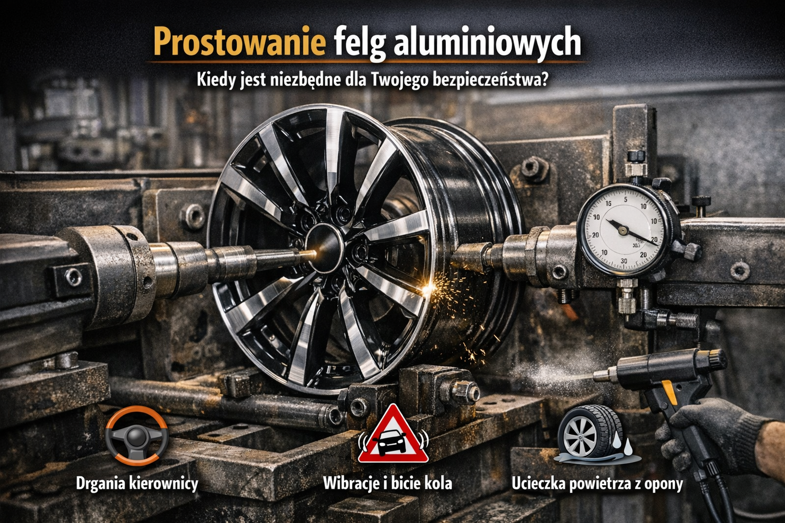 Prostowanie felg na profesjonalnym urządzeniu hydraulicznym z czujnikiem zegarowym.