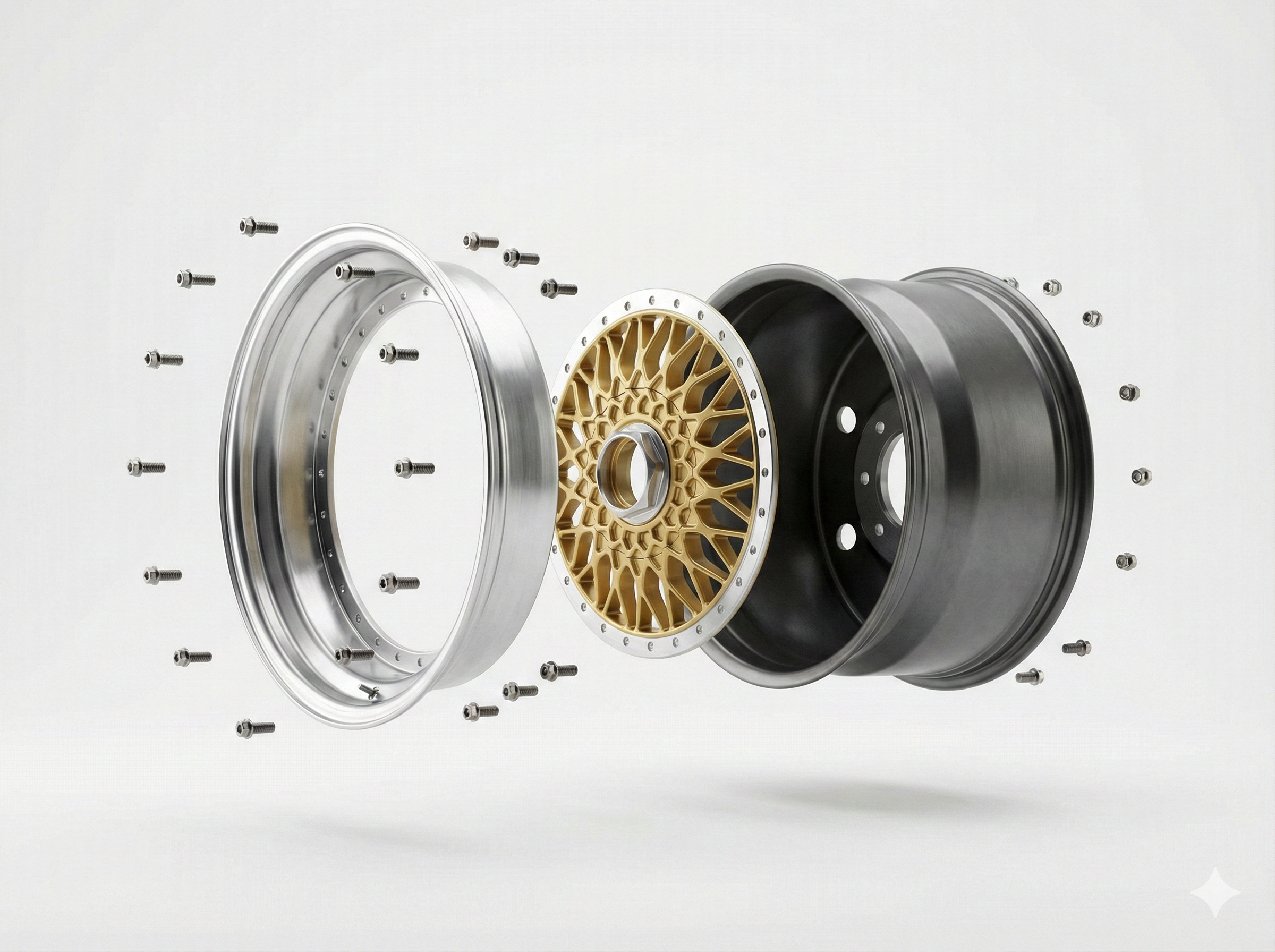 Artystyczne zdjęcie typu "widok rozstrzelony" przedstawiające klasyczną trzyczęściową felgę na białym tle. Złoty środek (rotor), polerowany rant i bęben wewnętrzny są zawieszone w powietrzu w jednej linii, otoczone lewitującymi tytanowymi śrubami montażowymi.