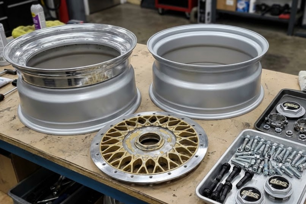 Rozkręcona trzyczęściowa felga BBS podczas etapów odnawiania poszczególnych elementów.