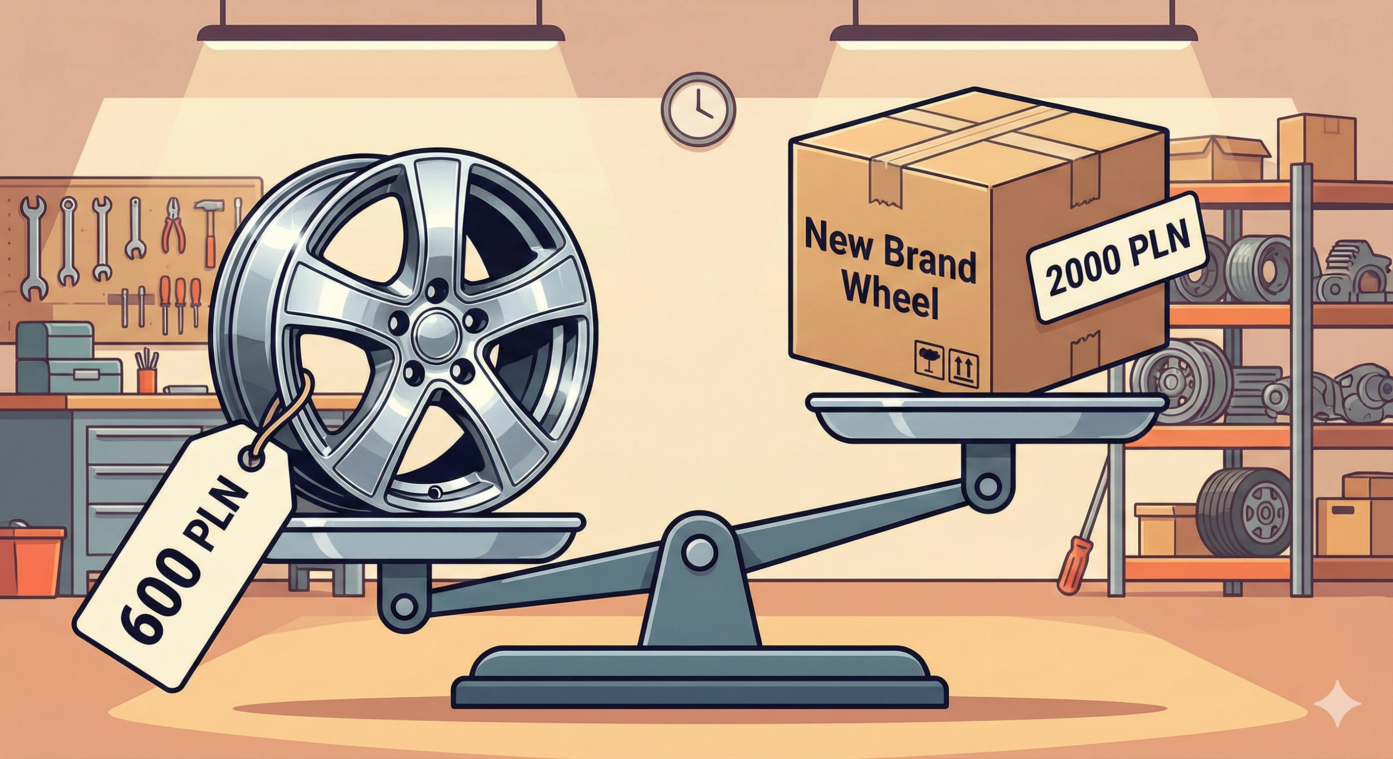Ilustracja graficzna przedstawiająca wagę szalkową wewnątrz warsztatu. Po lewej stronie, na szalce, która jest wyraźnie cięższa i opuszczona w dół, znajduje się lśniąca, odnowiona oryginalna felga OEM z dużą etykietą "600 PLN". Po prawej stronie, na uniesionej szalce, leży zwykłe pudełko z napisem "New Brand Wheel" (Nowa Markowa Felga) i etykietą "2000 PLN". Waga przechyla się na korzyść odnowionej felgi, co symbolizuje jej większą wartość. W tle widać wyposażenie warsztatu samochodowego. Styl to czytelna ilustracja graficzna.