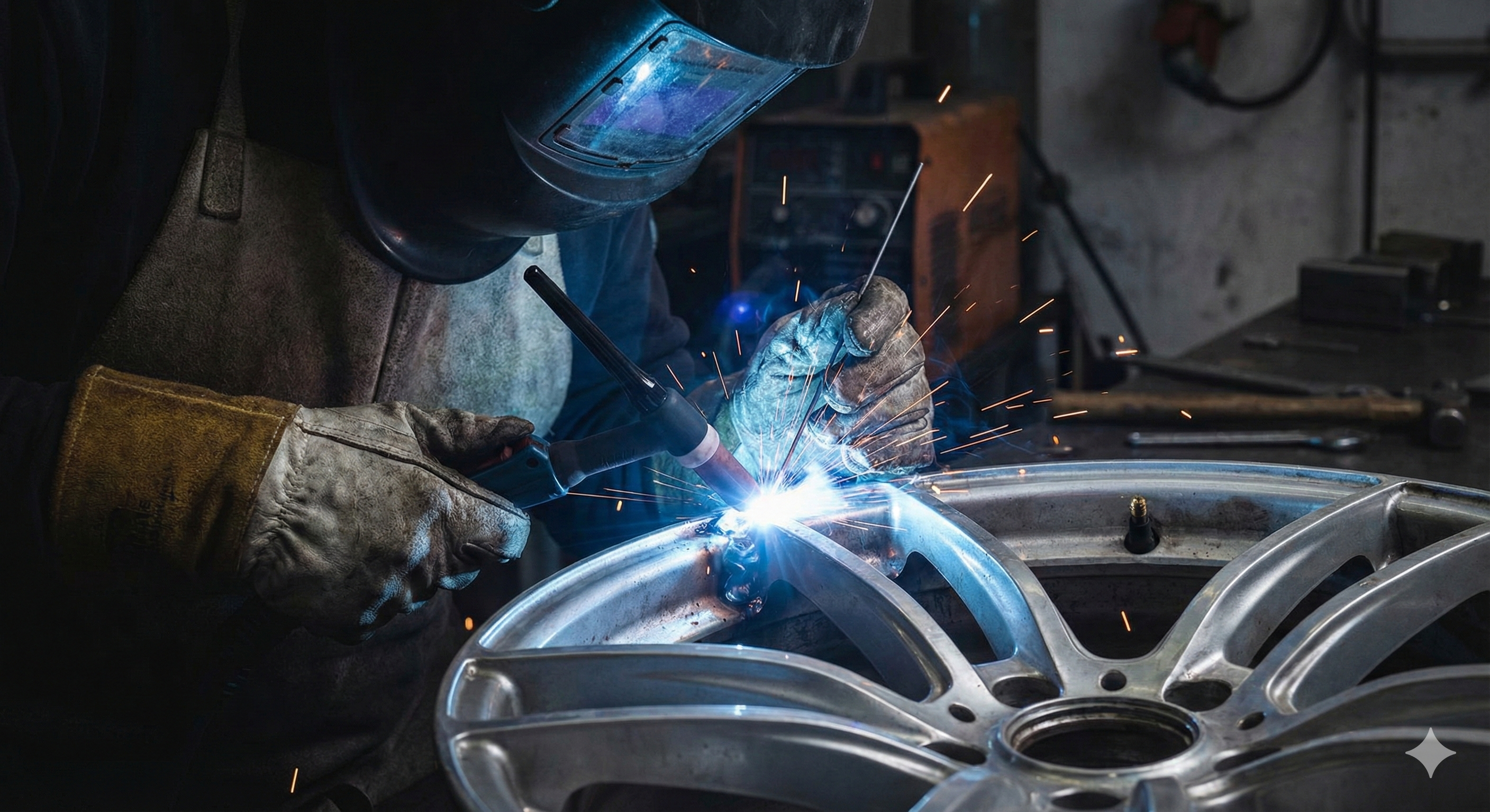 Ciemne zdjęcie przemysłowe przedstawiające spawacza w masce ochronnej podczas precyzyjnego spawania aluminiowej felgi. Jasny, niebieski łuk elektryczny i sypiące się iskry oświetlają punkt łączenia metalu.