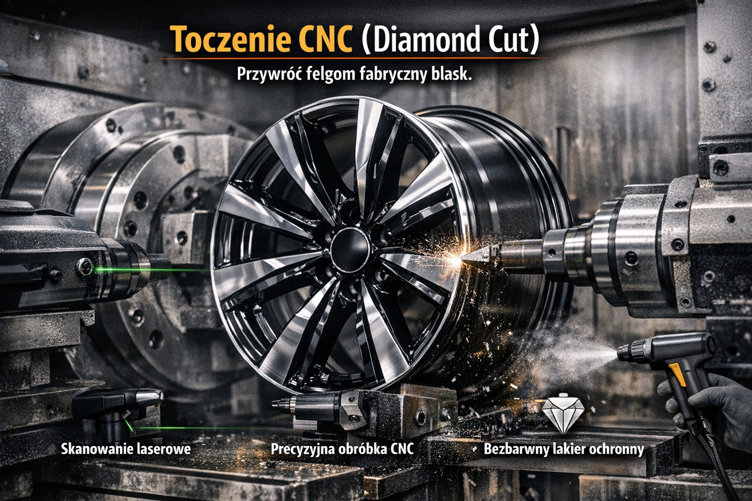 Nowoczesna tokarka CNC precyzyjnie obrabiająca front alufelgi do uzyskania efektu diamentowego szlifu.