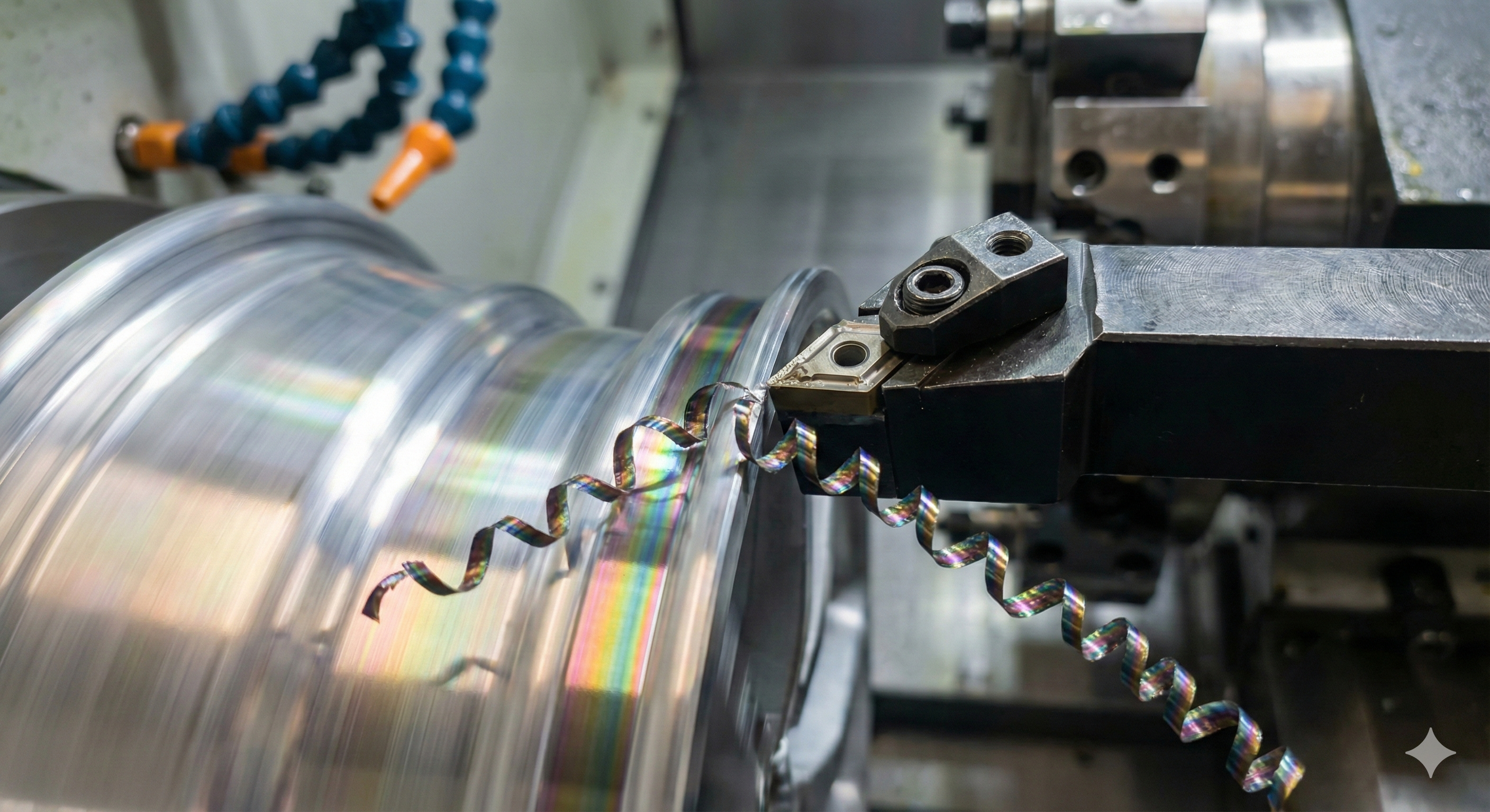 Ekstremalne zbliżenie na diamentowe ostrze tokarki CNC precyzyjnie skrawające aluminiową felgę. Widoczne są długie, skręcone wióry metalu oraz tęczowy połysk na świeżo obrobionej powierzchni, symbolizujący precyzyjną inżynierię.