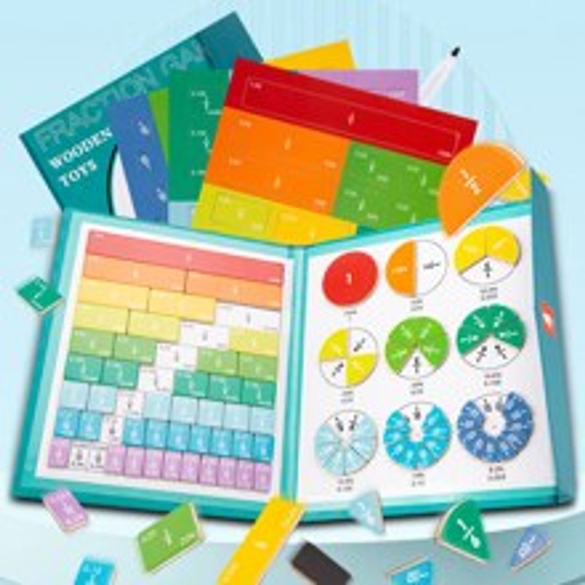 A magnetic fraction learning set with fraction circles, bars and activity cards